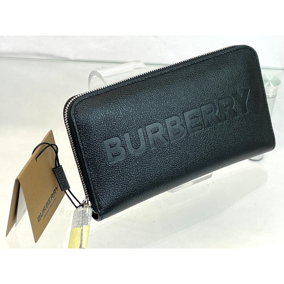 BURBERRY ELMORE BLACK LOGO EMBOSSED LEATHER ZIP AROUND CLUTCH CONTINENTAL WALLET - Picture 1 of 15